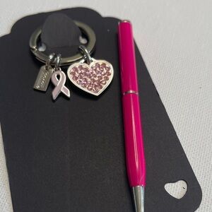 Coach Pink Crystal Heart & Ribbon Keychain Keyring and Vintage Coach Pen